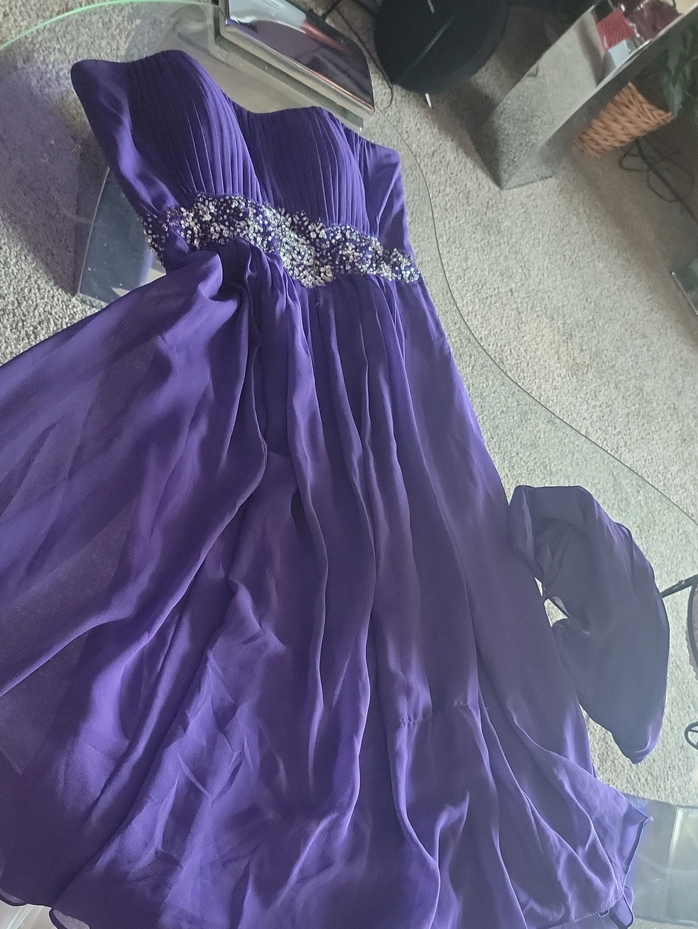 Elegant Purple Strapless Prom Dress with Beaded Waist W/throw